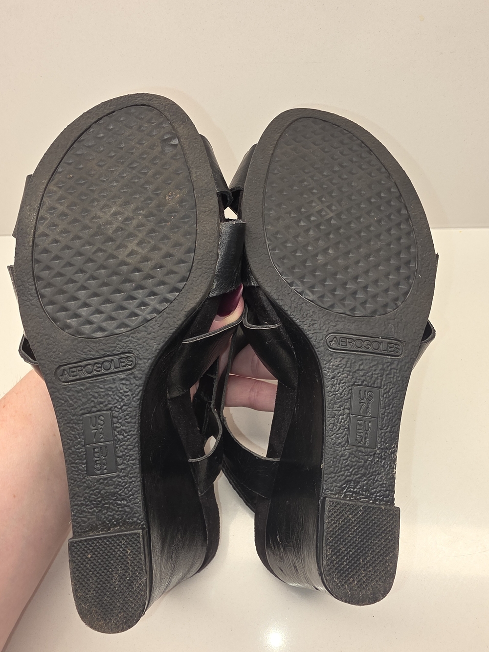AEROSOLES Black Strappy Leather Wedge Sandals - Women - Picture 6 of 8